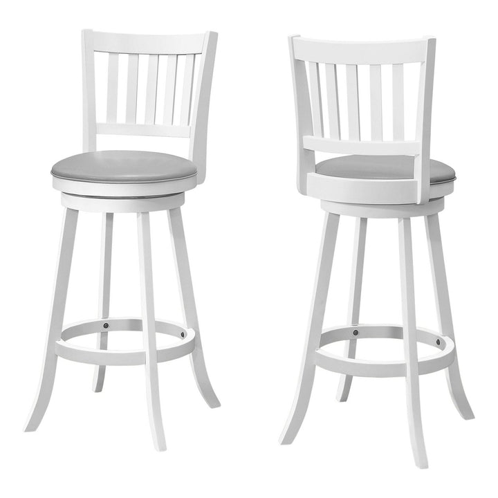 Set of Two 29 " Gray And White Faux Leather And Solid Wood Swivel Bar Height Bar Chairs Image 1