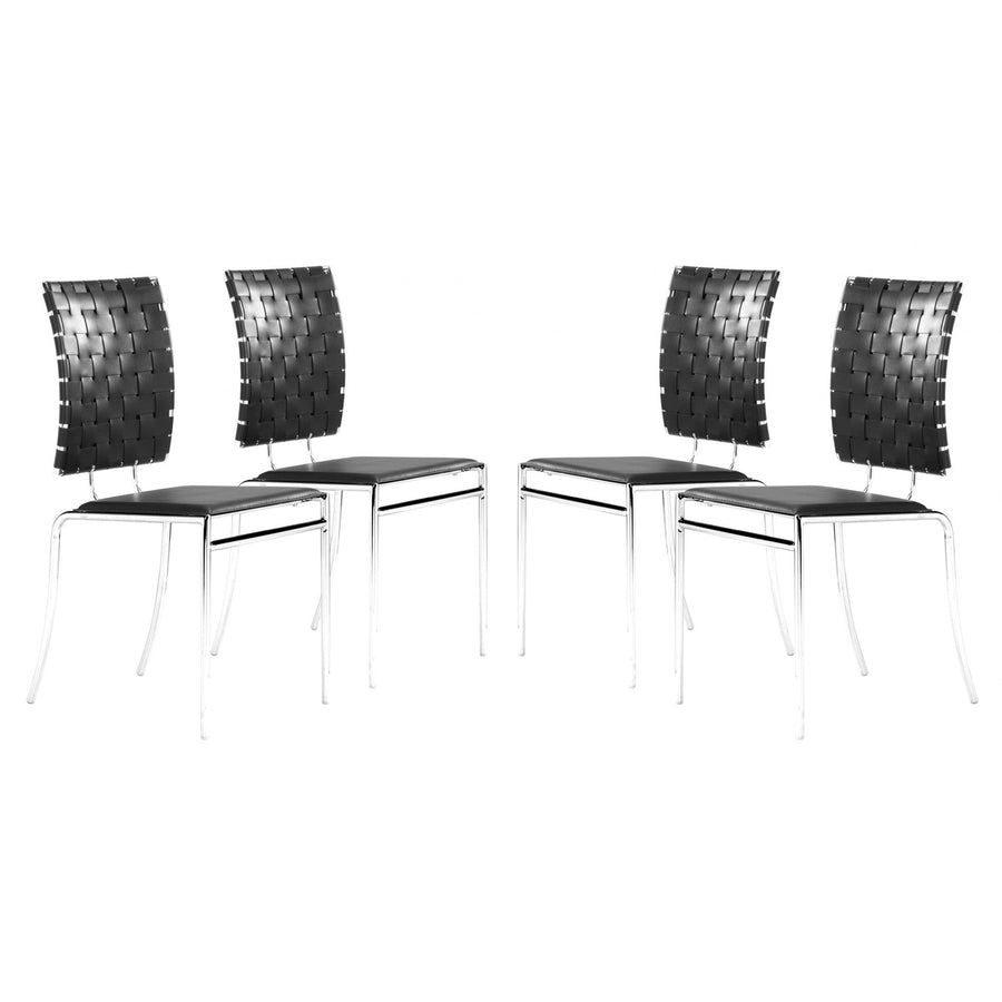 Set of Four Black And Silver Upholstered Faux Leather Open Back Dining Side Chairs Image 1