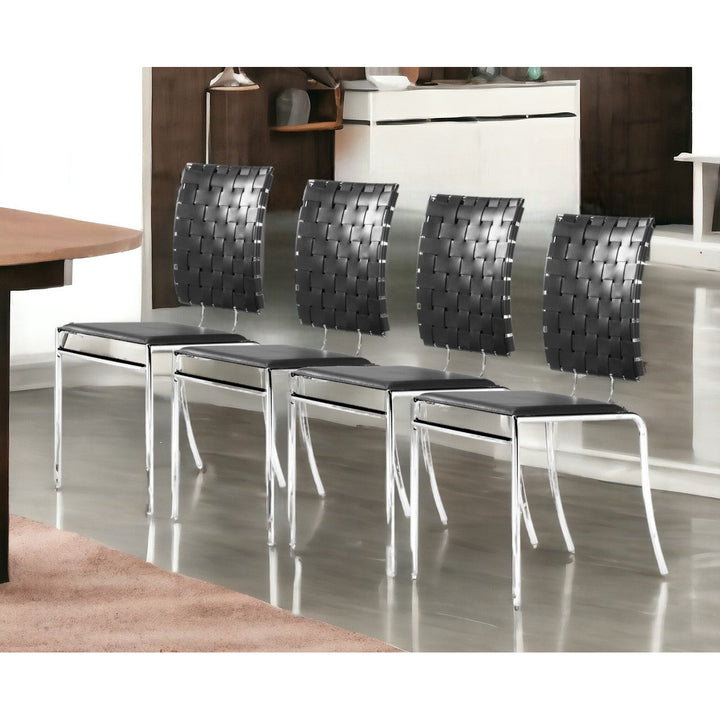 Set of Four Black And Silver Upholstered Faux Leather Open Back Dining Side Chairs Image 5