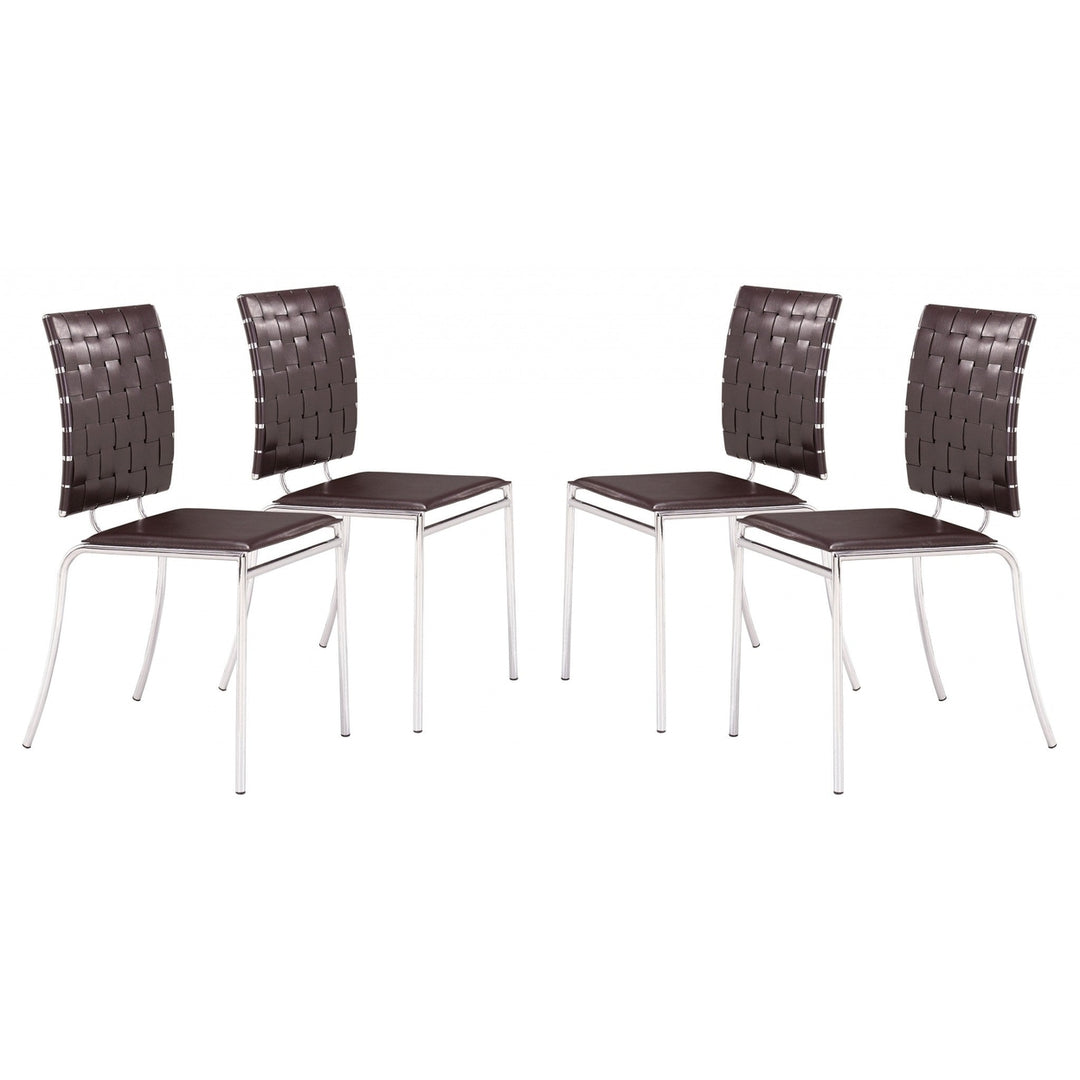 Set of Four Espresso And Silver Upholstered Faux Leather Open Back Dining Side Chairs Image 1