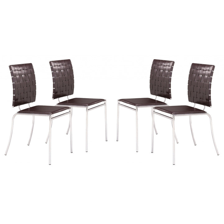 Set of Four Espresso And Silver Upholstered Faux Leather Open Back Dining Side Chairs Image 1