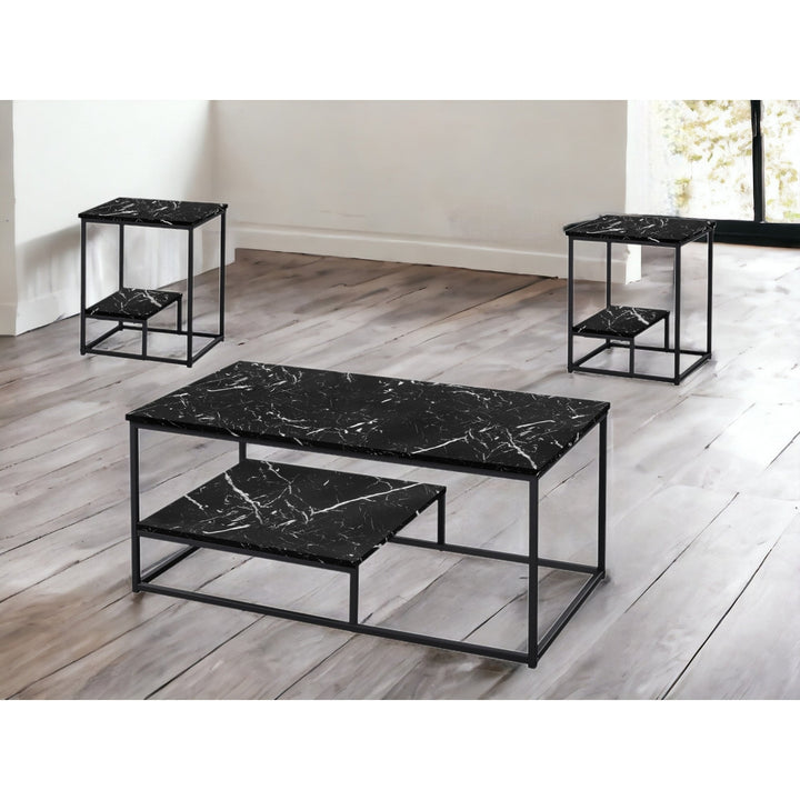 Set Of Three 42" Black Rectangular Coffee Table With Shelf Image 7