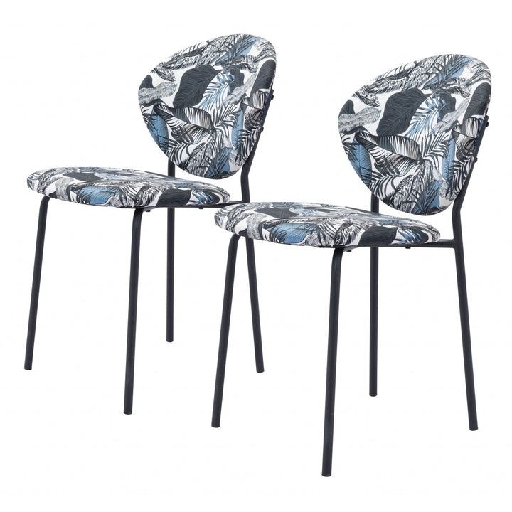 Set of Two Blue Black and White Tropical Design Dining or Side Chairs Image 3