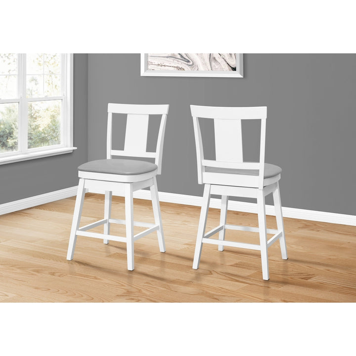 Set of Two 23 " Gray And White Faux Leather And Solid Wood Swivel Counter Height Bar Chairs Image 2