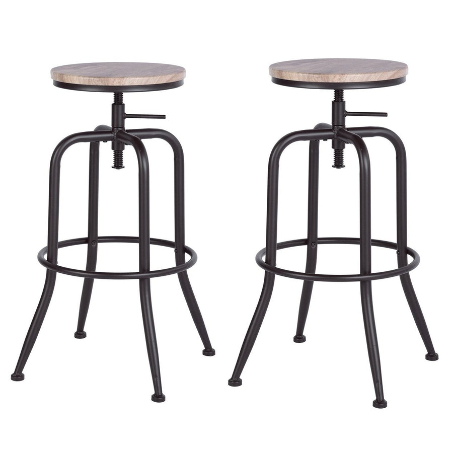 Set of Two Natural And Black Solid Wood And Steel Swivel Backless Counter Height Bar Chairs Image 1