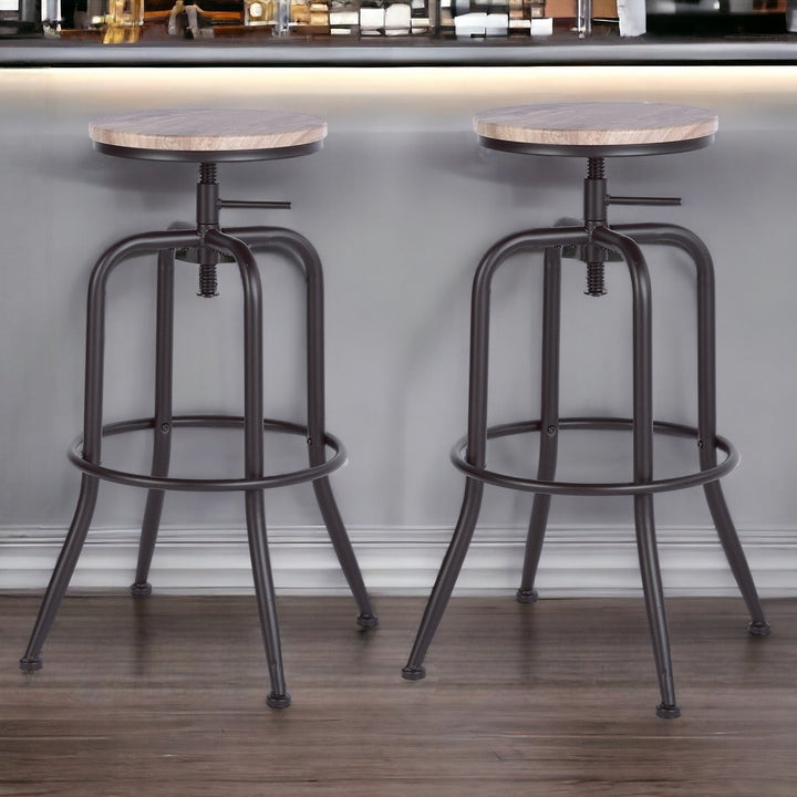 Set of Two Natural And Black Solid Wood And Steel Swivel Backless Counter Height Bar Chairs Image 10