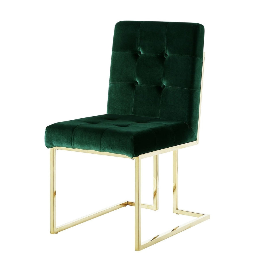 Set of Two Tufted Hunter Green and Gold Upholstered Velvet Dining Side Chairs Image 1