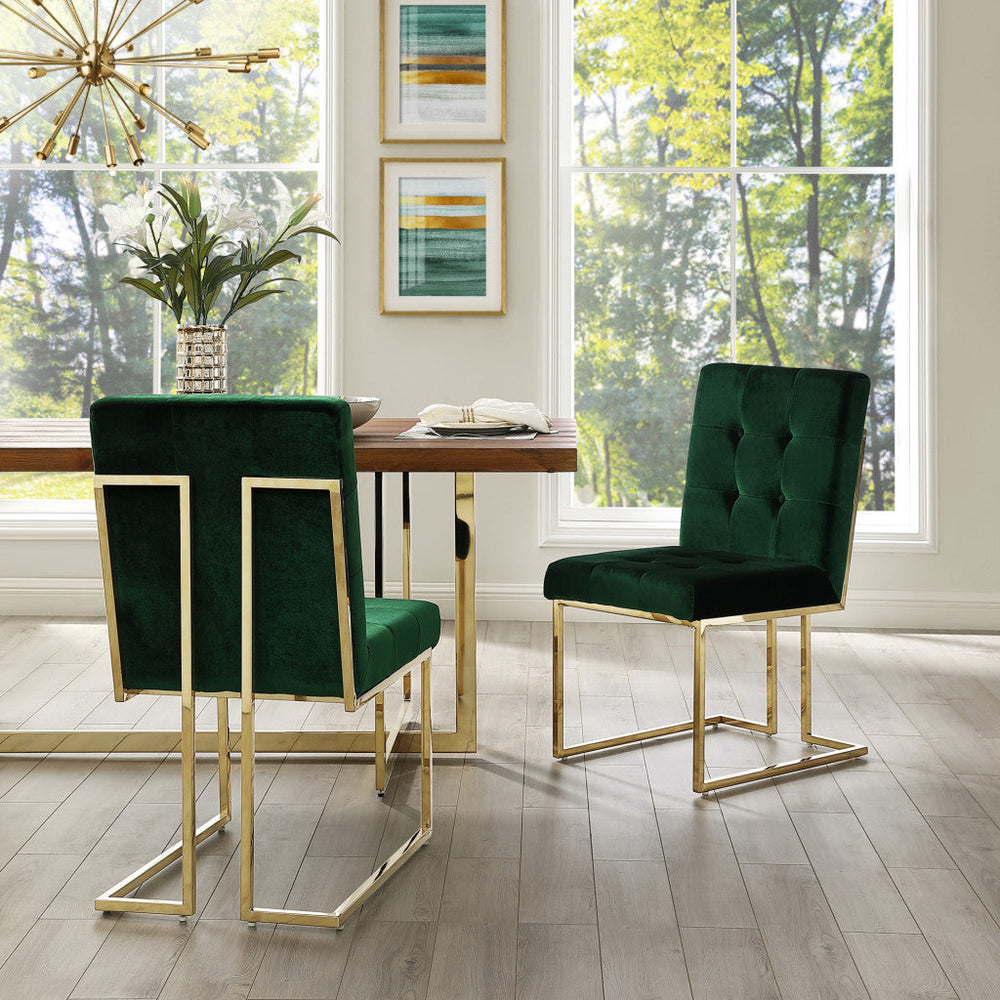 Set of Two Tufted Hunter Green and Gold Upholstered Velvet Dining Side Chairs Image 2