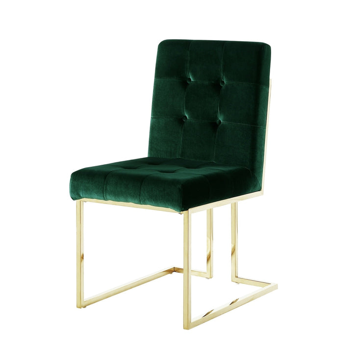 Set of Two Tufted Hunter Green and Gold Upholstered Velvet Dining Side Chairs Image 3