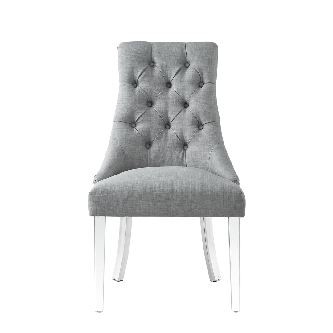 Set of Two Tufted Light Gray and Clear Upholstered Linen Dining Side Chairs Image 1