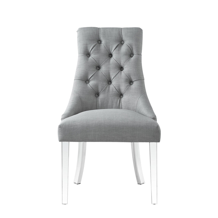 Set of Two Tufted Light Gray and Clear Upholstered Linen Dining Side Chairs Image 1