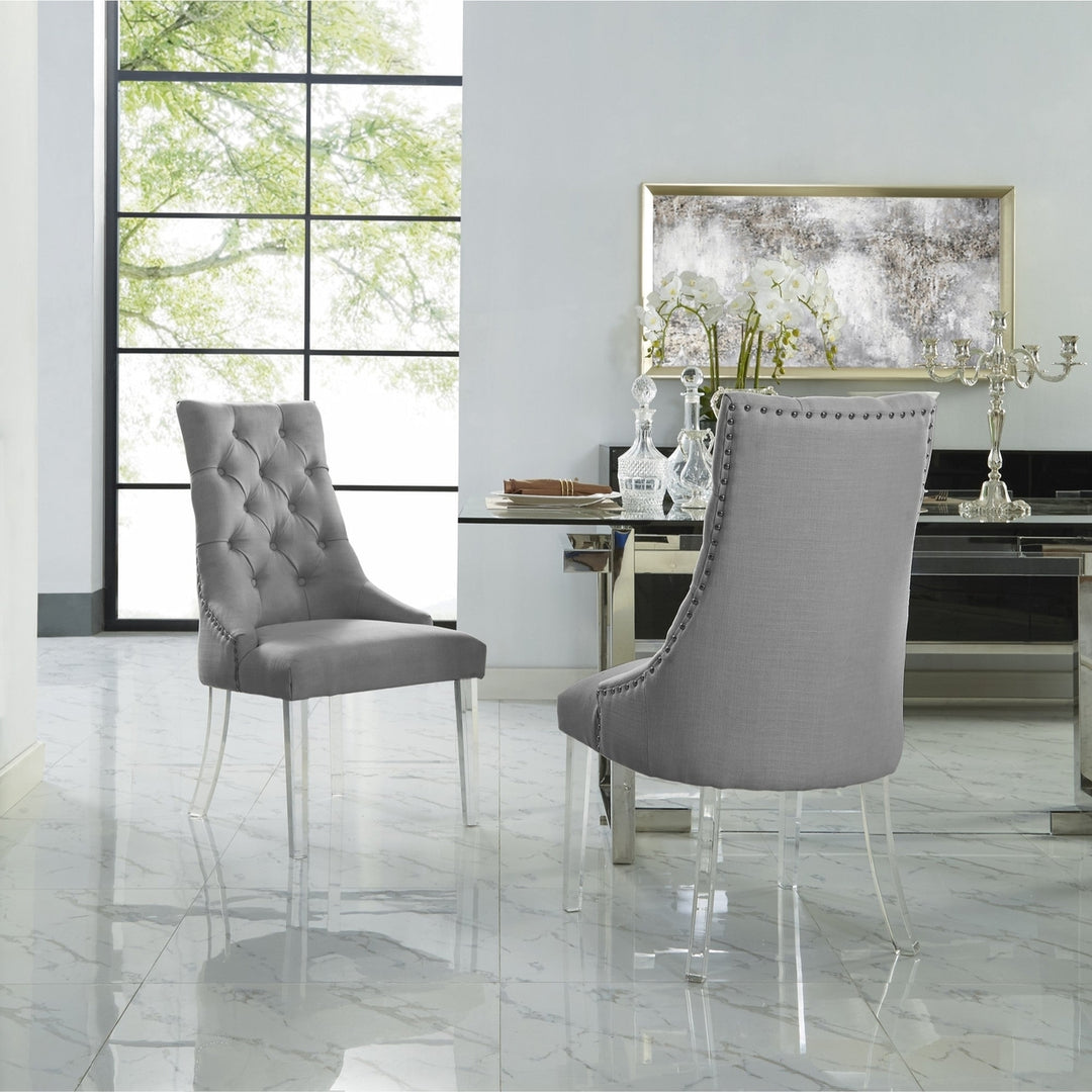 Set of Two Tufted Light Gray and Clear Upholstered Linen Dining Side Chairs Image 2