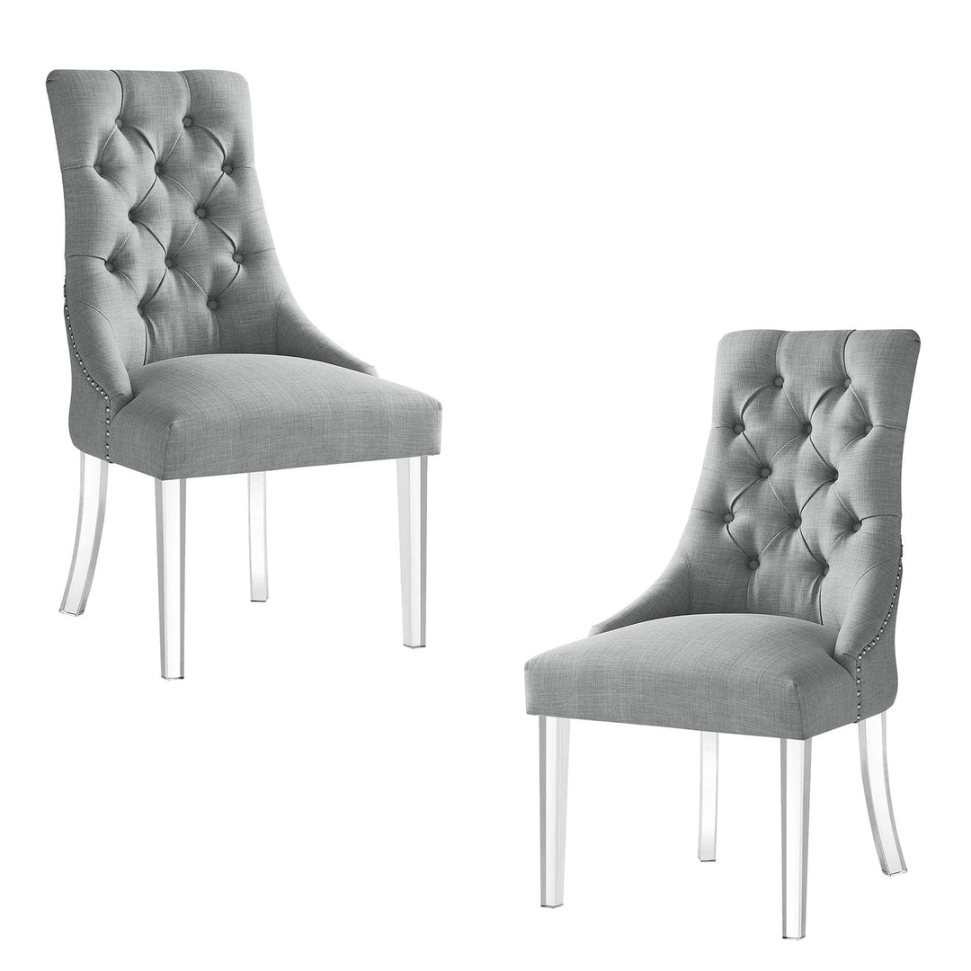 Set of Two Tufted Light Gray and Clear Upholstered Linen Dining Side Chairs Image 3