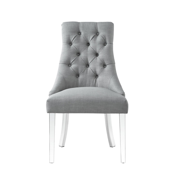 Set of Two Tufted Light Gray and Clear Upholstered Linen Dining Side Chairs Image 5