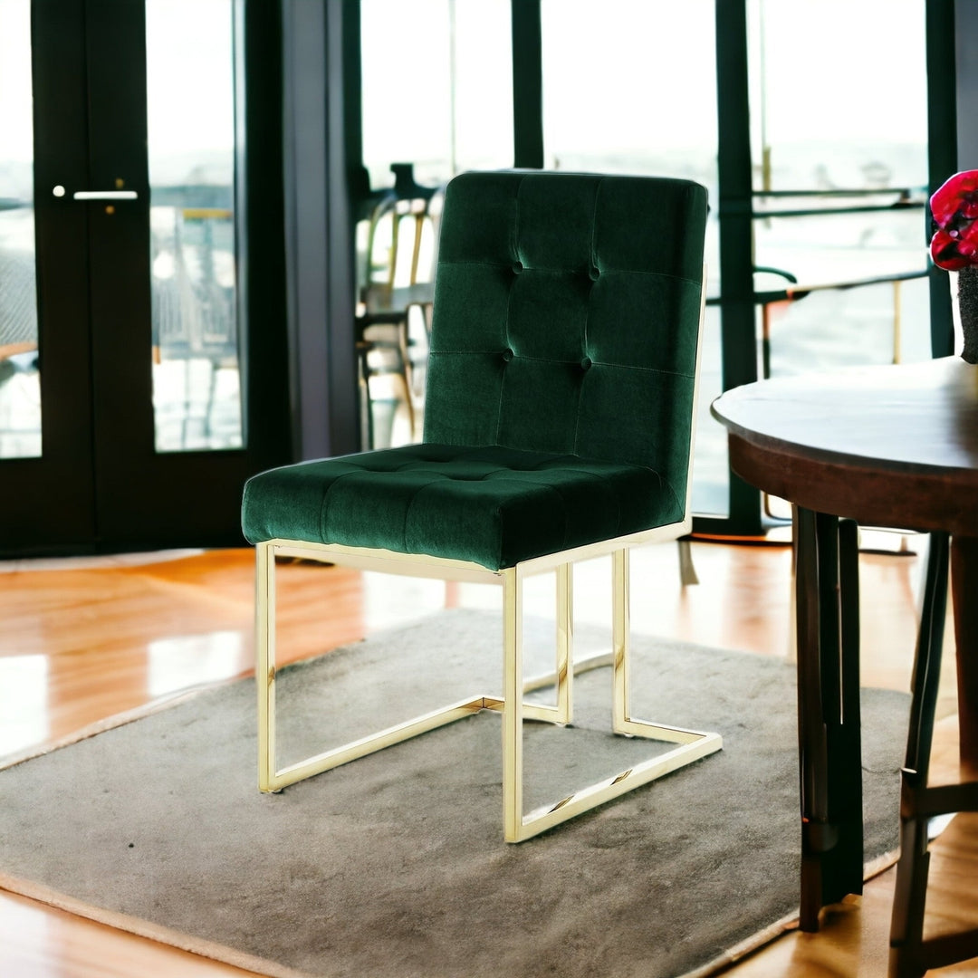 Set of Two Tufted Hunter Green and Gold Upholstered Velvet Dining Side Chairs Image 10