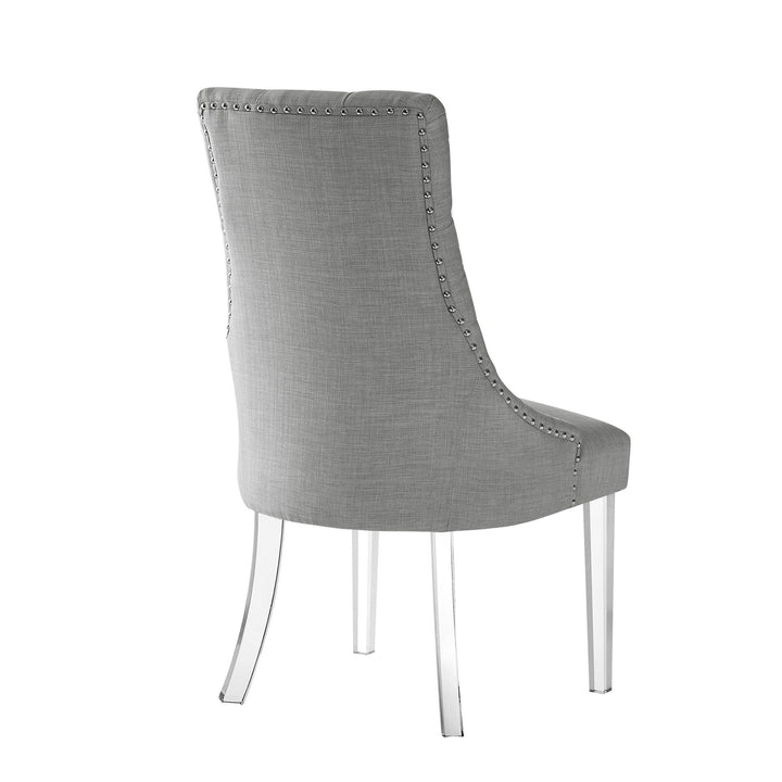 Set of Two Tufted Light Gray and Clear Upholstered Linen Dining Side Chairs Image 7