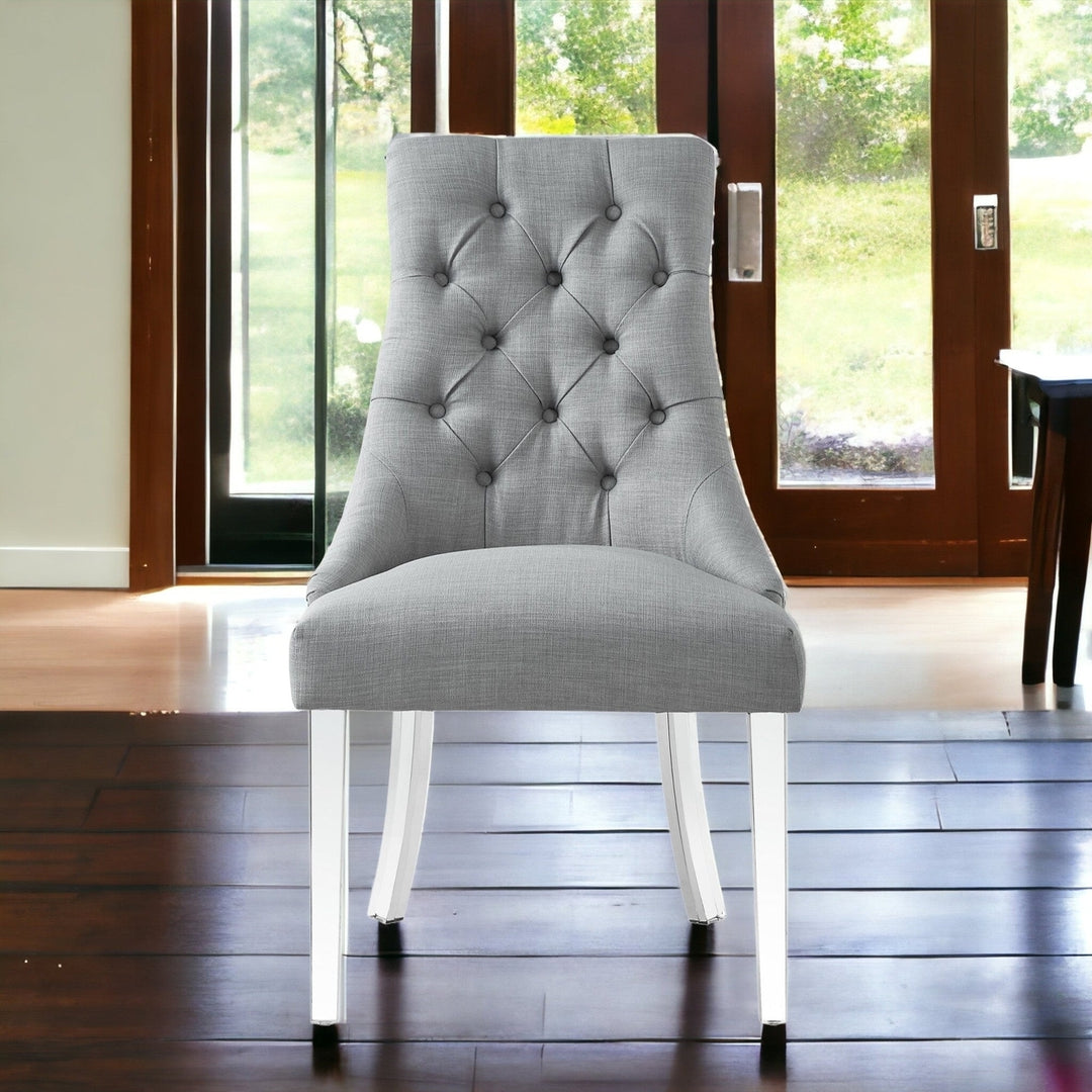 Set of Two Tufted Light Gray and Clear Upholstered Linen Dining Side Chairs Image 10