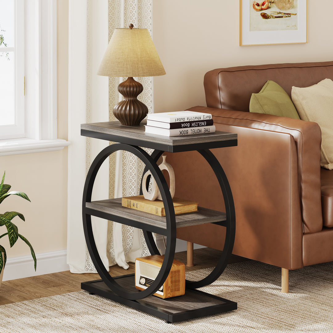 Tribesigns Narrow End Table with 3 Storage Shelves Industrial Black Metal Frame Image 3