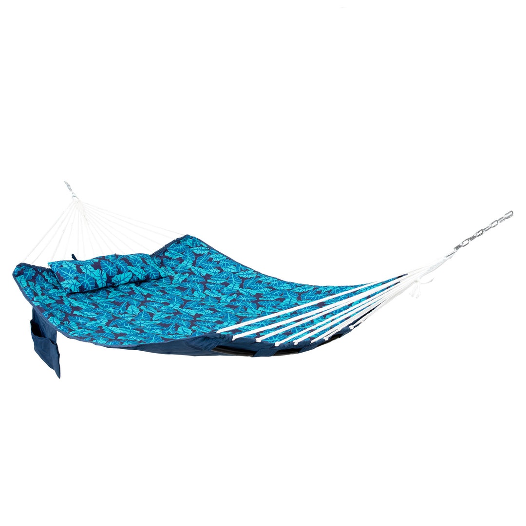 Sunnydaze Metal Spreader Bar Hammock with Pillow - Tropical Palms Image 1