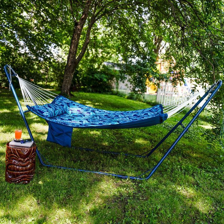 Sunnydaze Metal Spreader Bar Hammock with Pillow - Tropical Palms Image 2