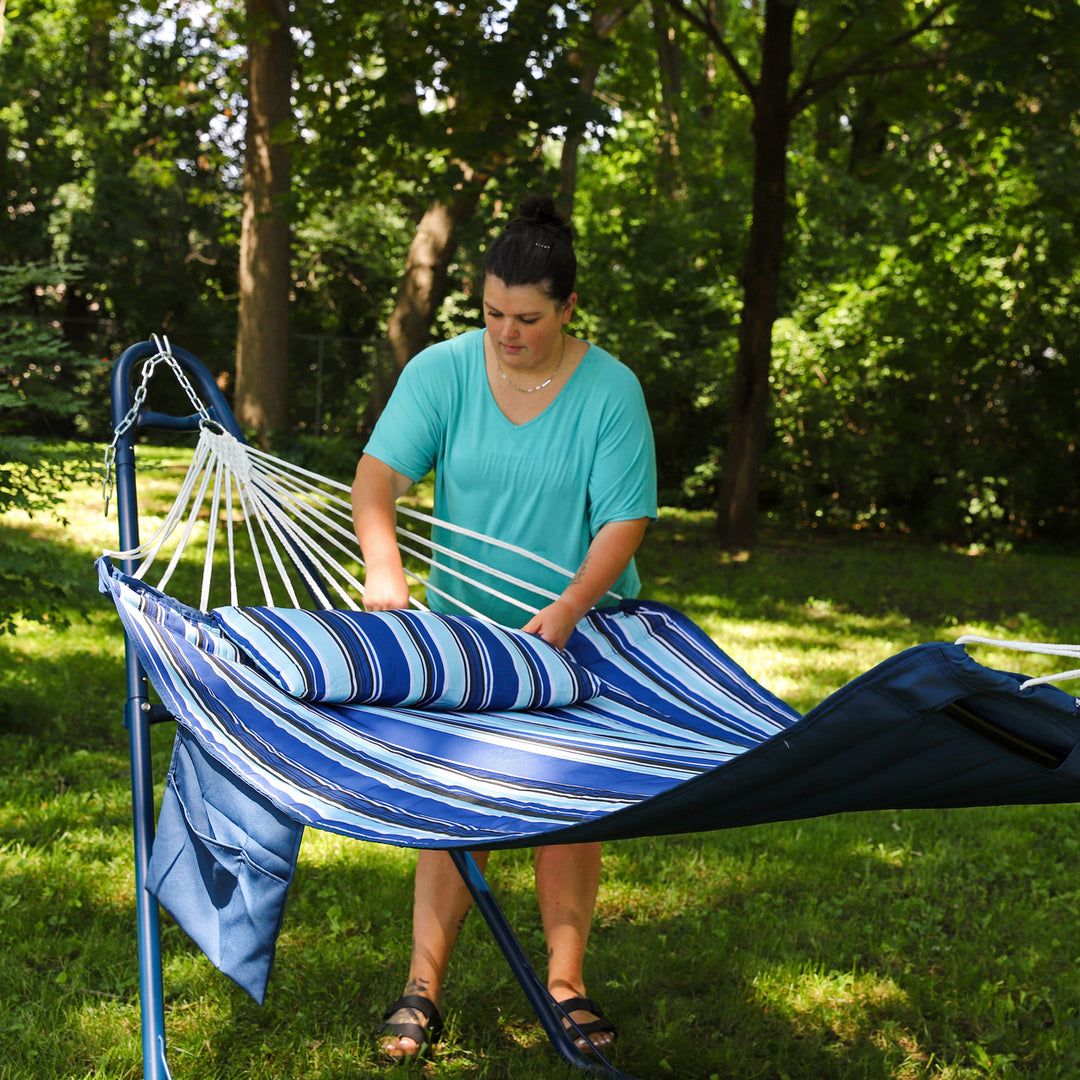 Sunnydaze Metal Spreader Bar Hammock with Pillow - Catalina Beach Image 5