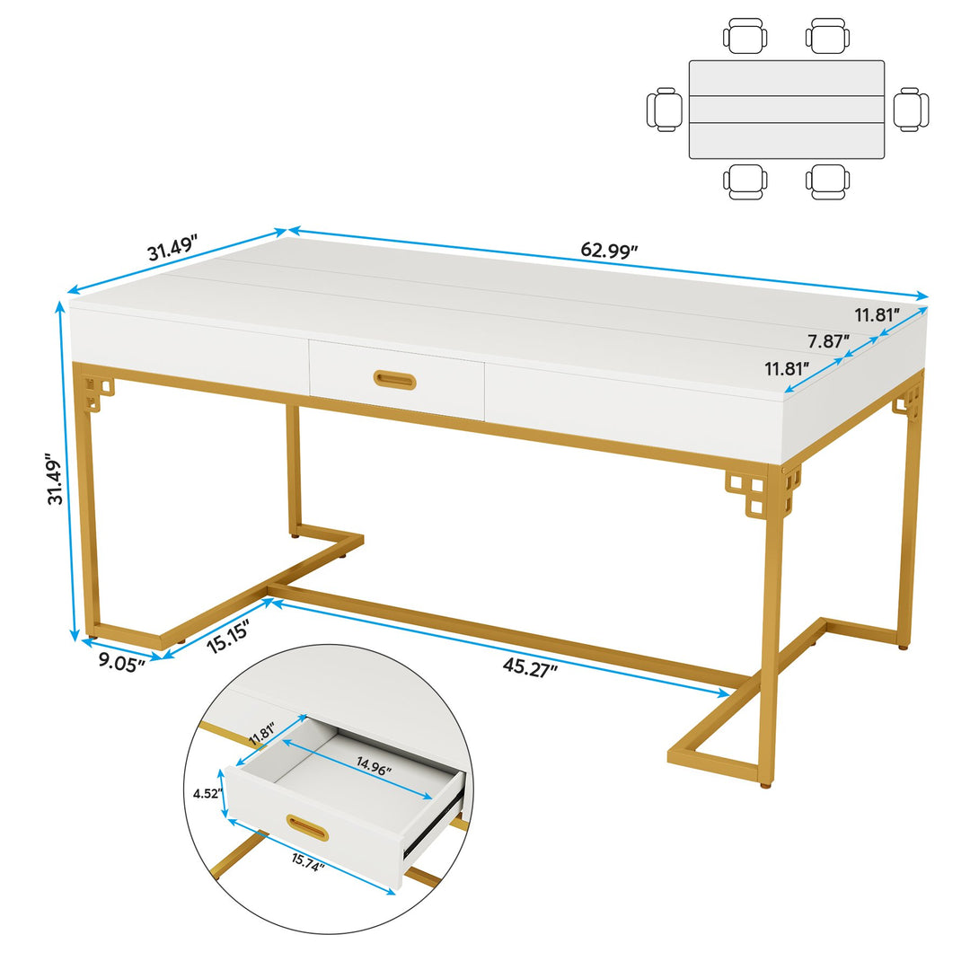 Tribesigns 63 Inch Modern Dining Table Rectangular White Gold Legs with Drawers Image 7