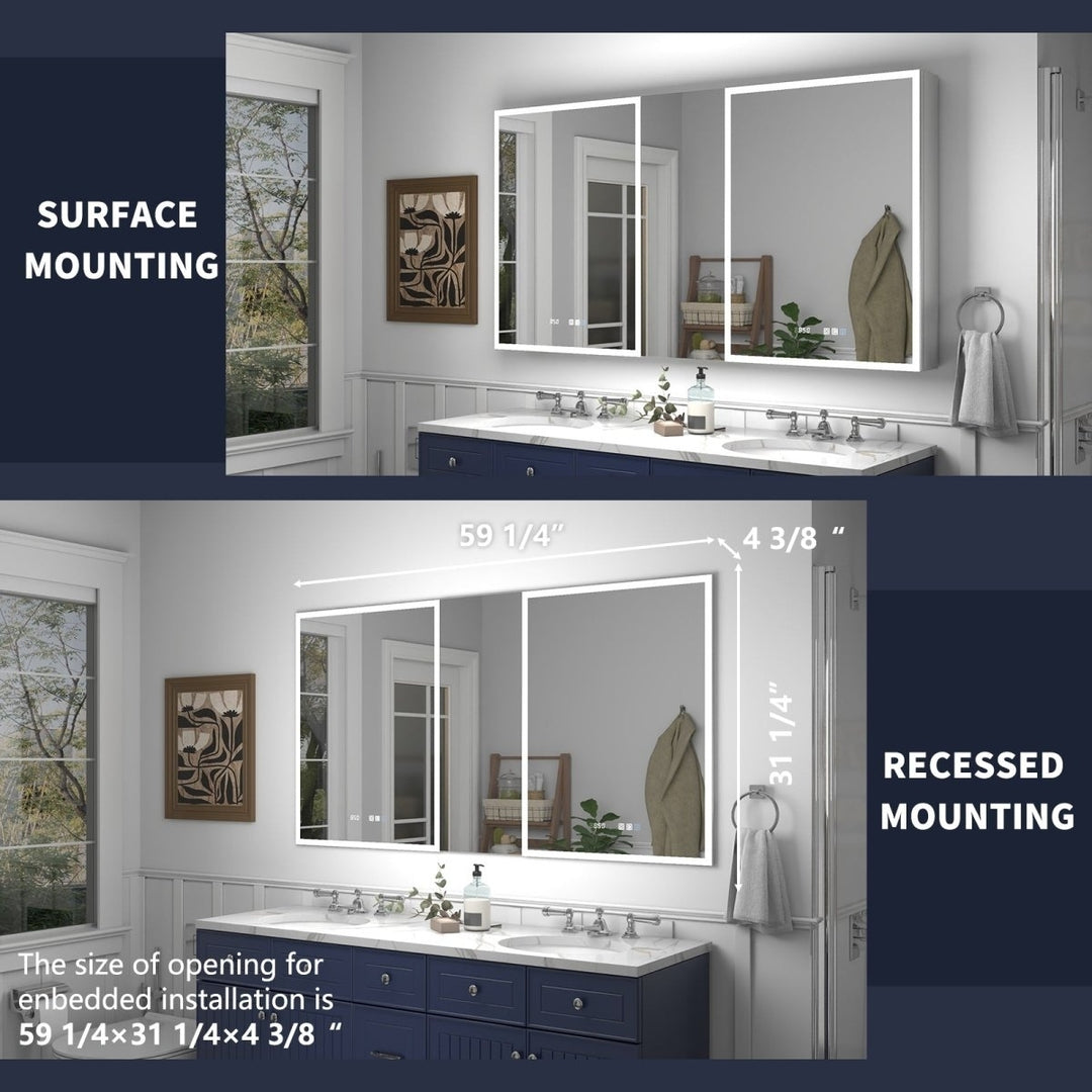 Rim 60" W x 32" H Lighted Medicine Cabinet Recessed or Surface LED Medicine Cabinet with Outlets,USBS Image 3