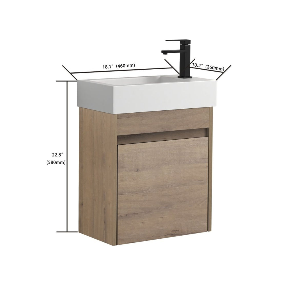 ExBrite 18 Floating Bathroom Vanity Brown Wooden Soft-Close Cabinet White Sink Image 2