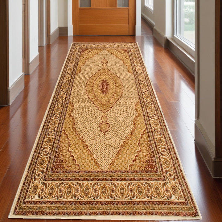 10 Runner Beige and Ivory Oriental Power Loom Runner Rug Image 9