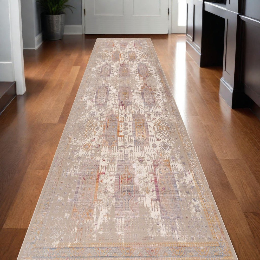 10 Runner Beige and Ivory Medallion Power Loom Runner Rug Image 2