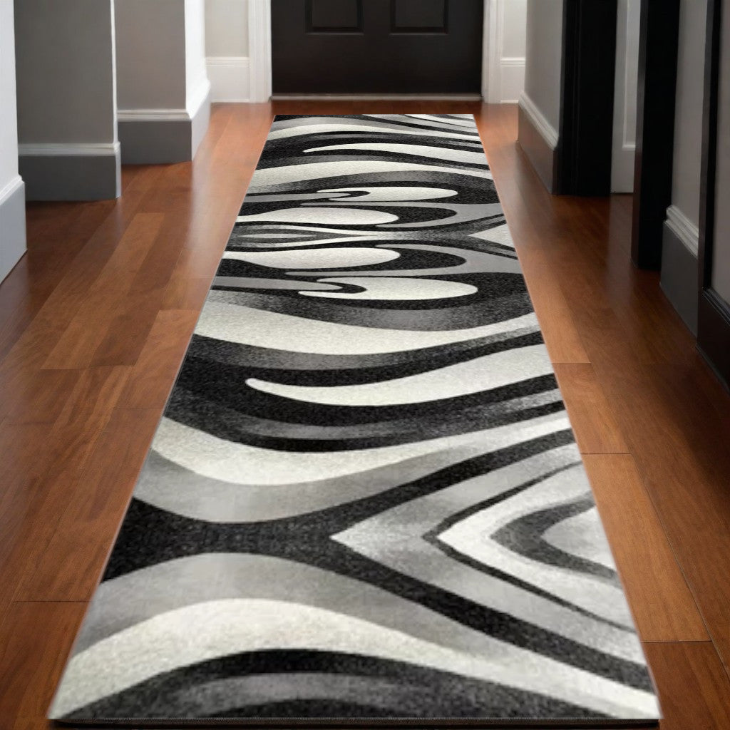 10 Black Gray and White Marble Power Loom Runner Rug Image 9