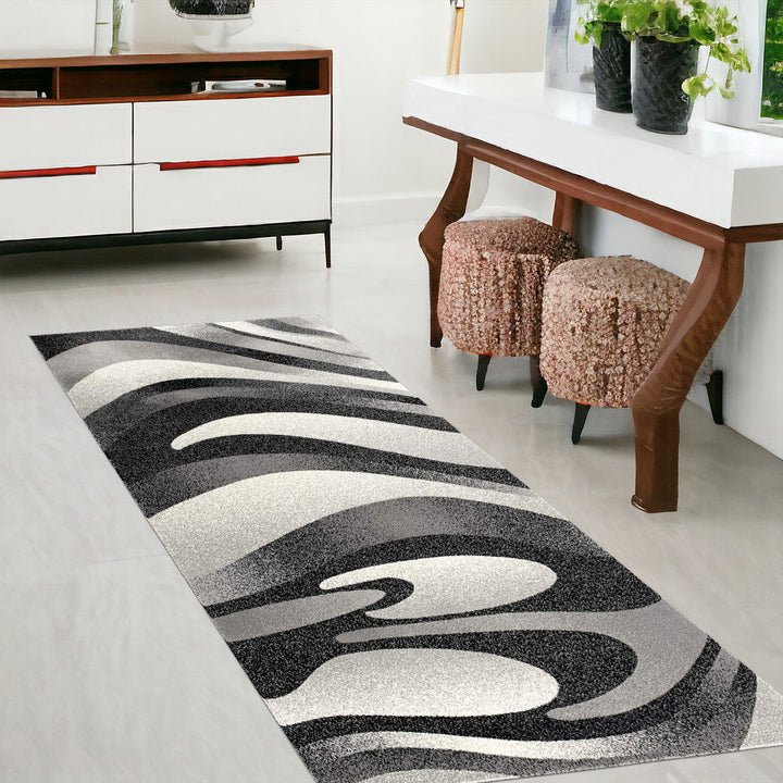 10 Black Gray and White Marble Power Loom Runner Rug Image 11