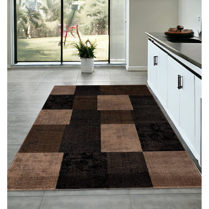 10 Brown Checkered Power Loom Runner Rug Image 7