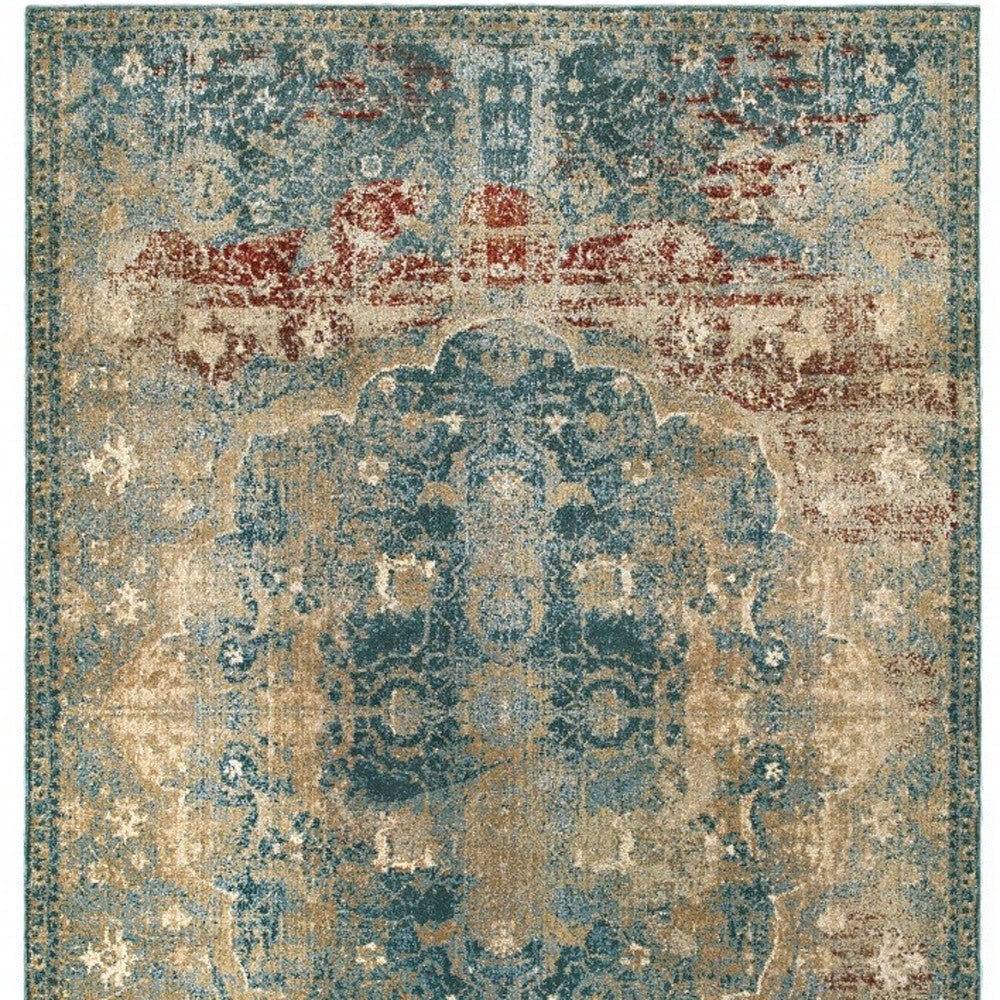 10 X 13 Sand And Blue Distressed Indoor Area Rug Image 1