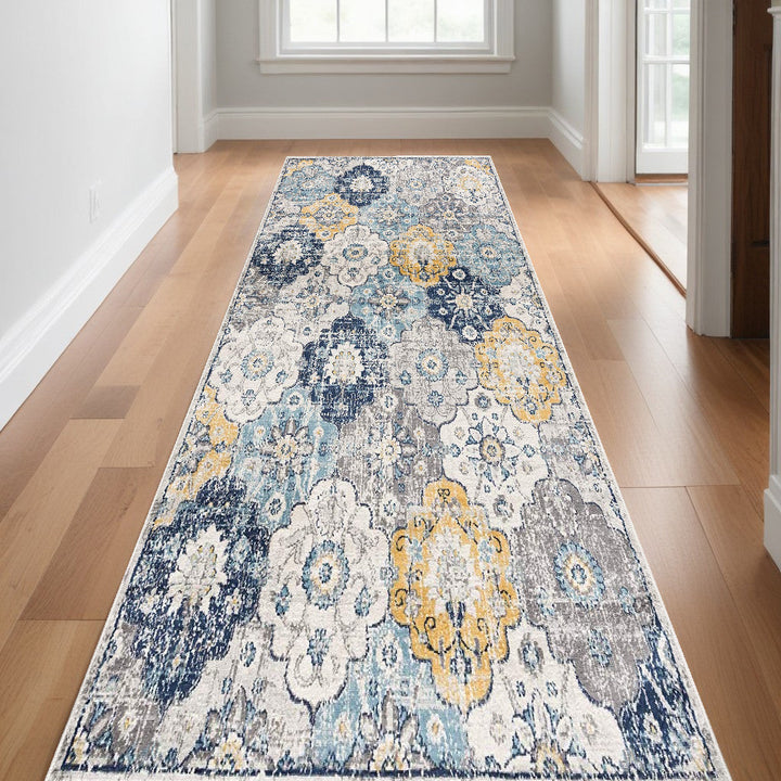 15 Runner Blue and Yellow Floral Runner Rug Image 4