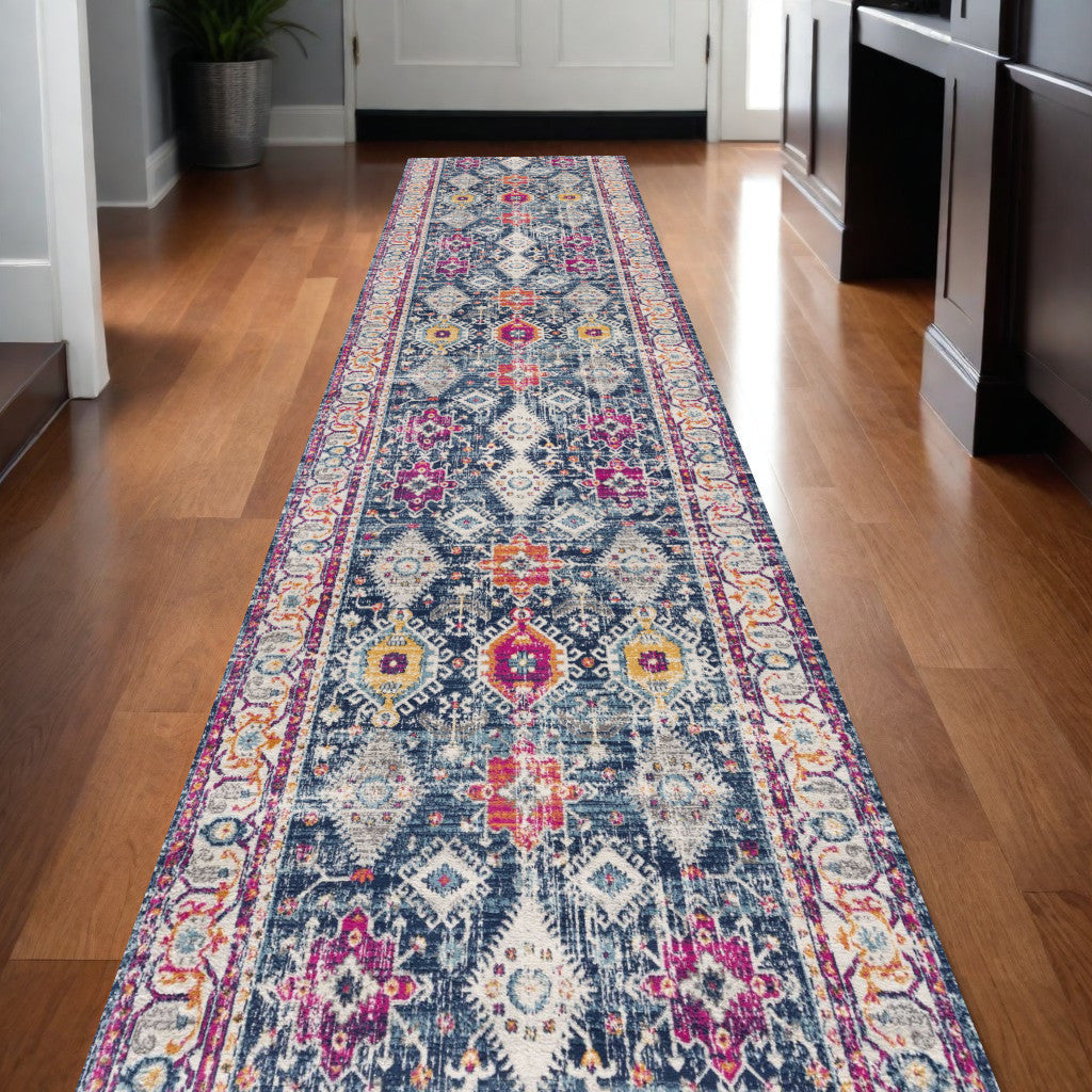 12 Runner Blue and Ivory Oriental Runner Rug Image 10