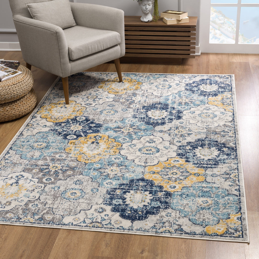 12 X 18 Blue and Yellow Floral Washable Non Skid Area Rug Image 3