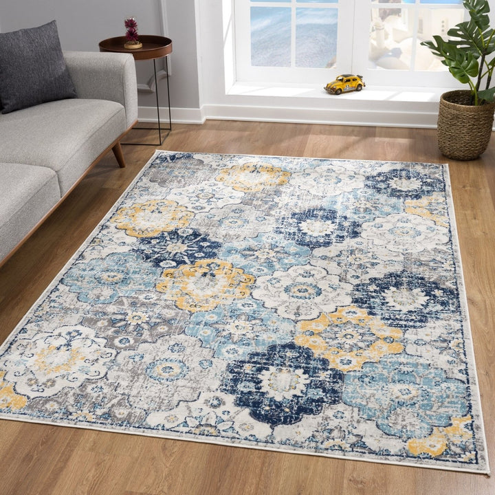 12 X 18 Blue and Yellow Floral Washable Non Skid Area Rug Image 8