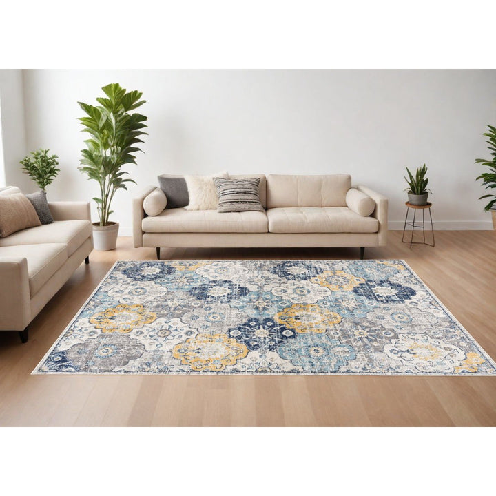 12 X 18 Blue and Yellow Floral Washable Non Skid Area Rug Image 9