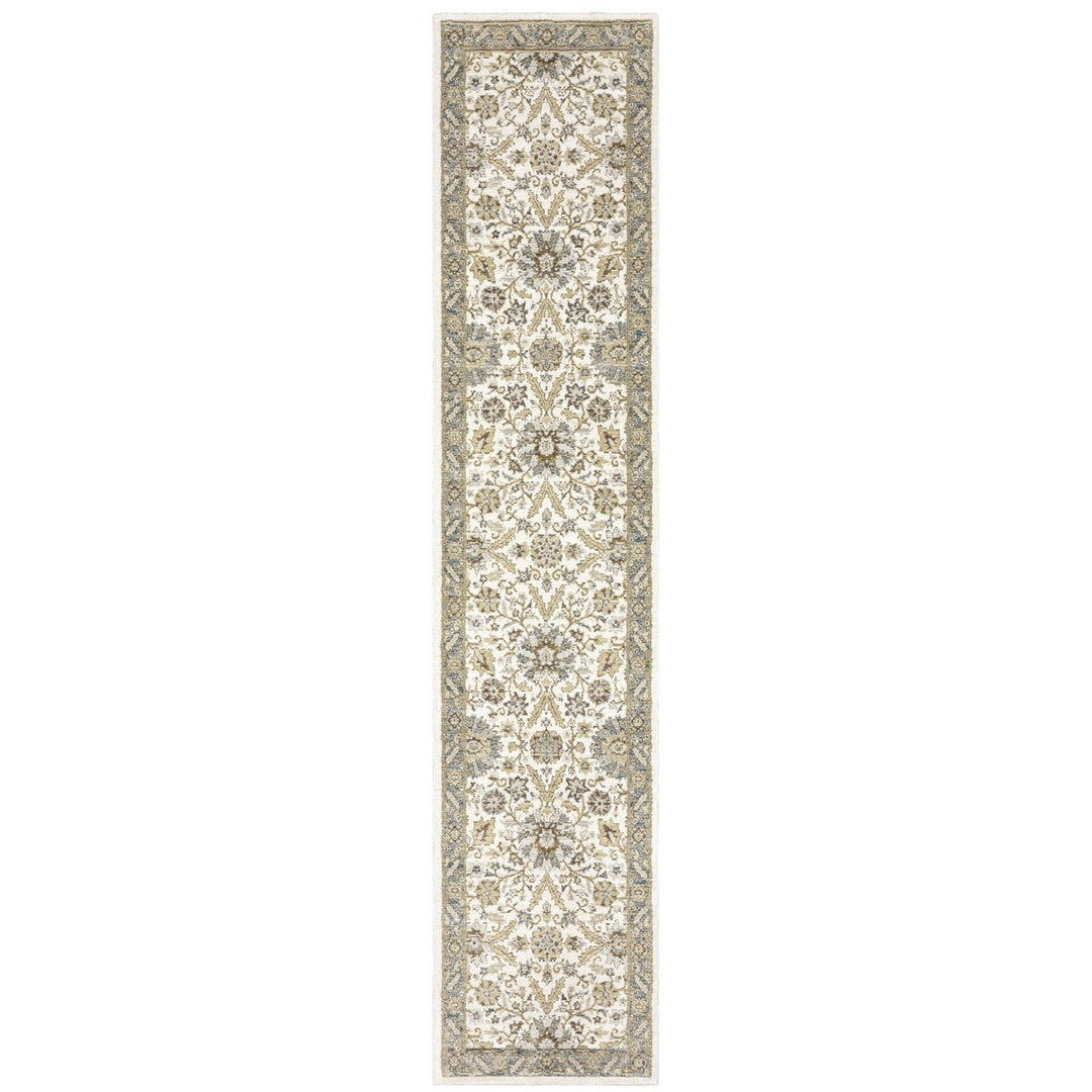 12 Runner Gray and Ivory Oriental Power Loom Runner Rug Image 1