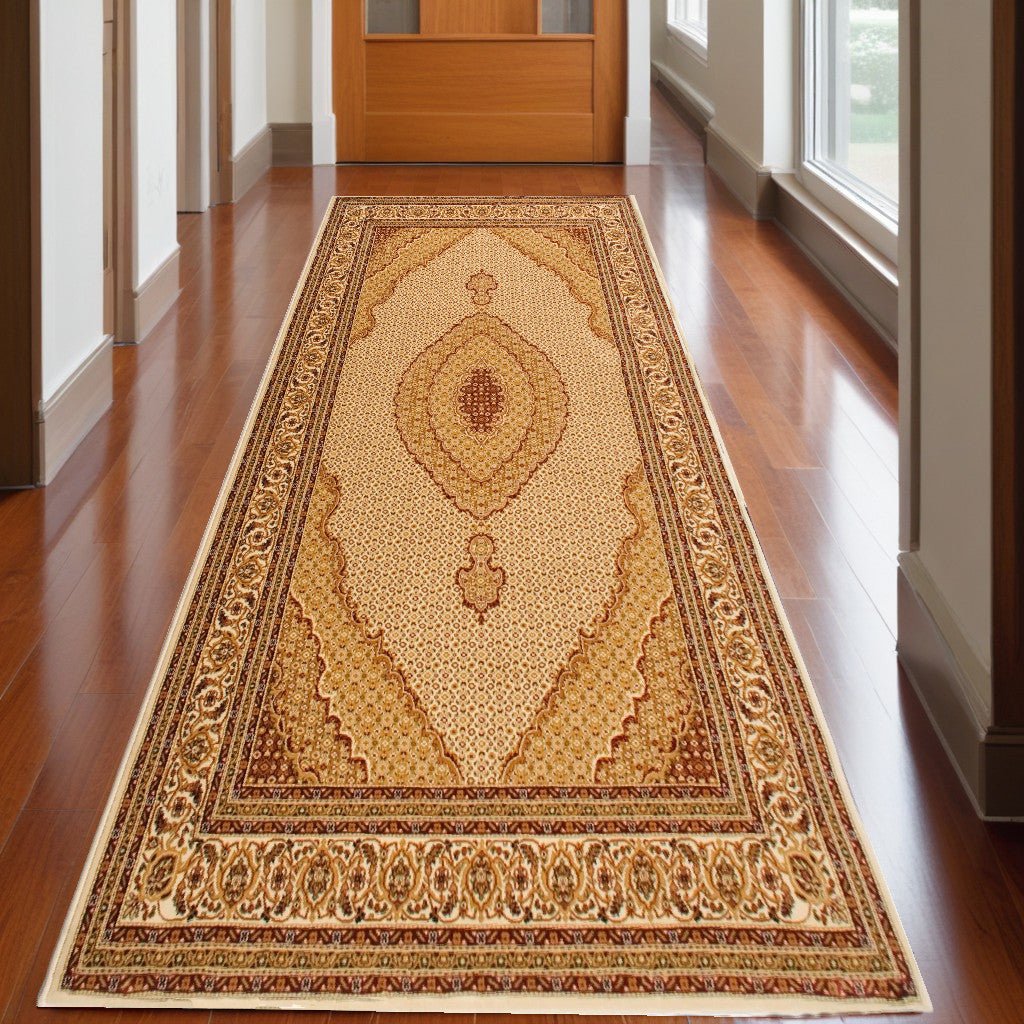 13 Runner Beige and Ivory Oriental Power Loom Runner Rug Image 10