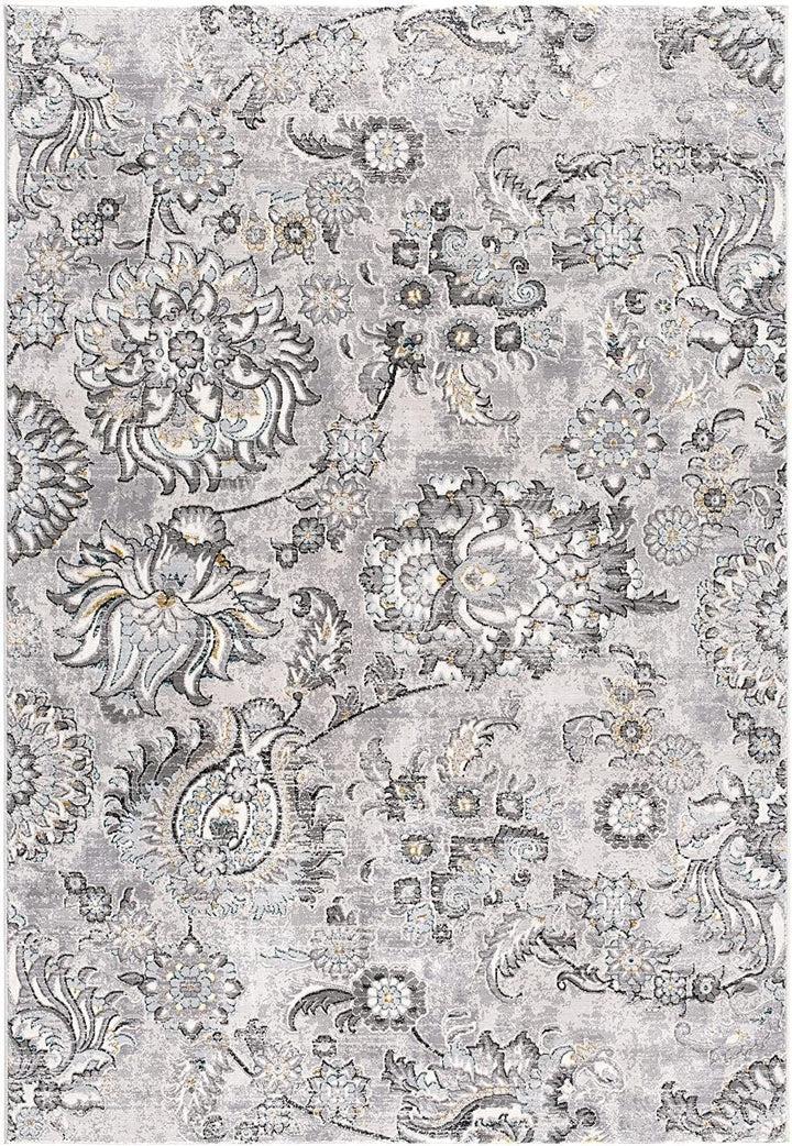 2 X 10 Grey Floral Power Loom Stain Resistant Area Rug Image 1