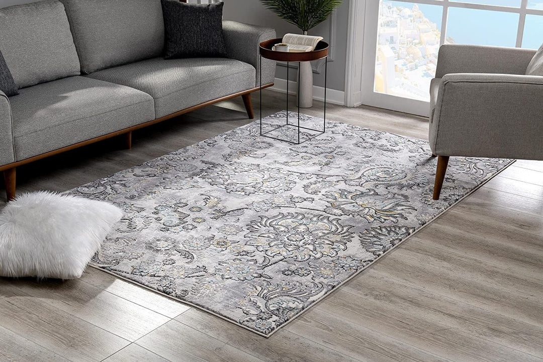 2 X 10 Grey Floral Power Loom Stain Resistant Area Rug Image 3