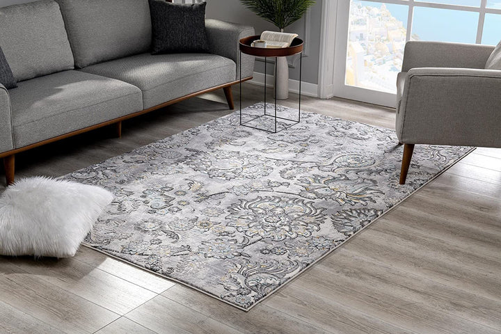 2 X 10 Grey Floral Power Loom Stain Resistant Area Rug Image 3