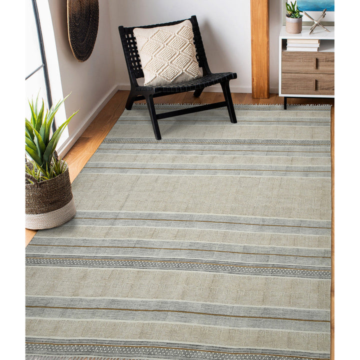 2 x 3 Blue and Brown Geometric Flatweave Handmade Distressed Area Rug with Fringe Image 2