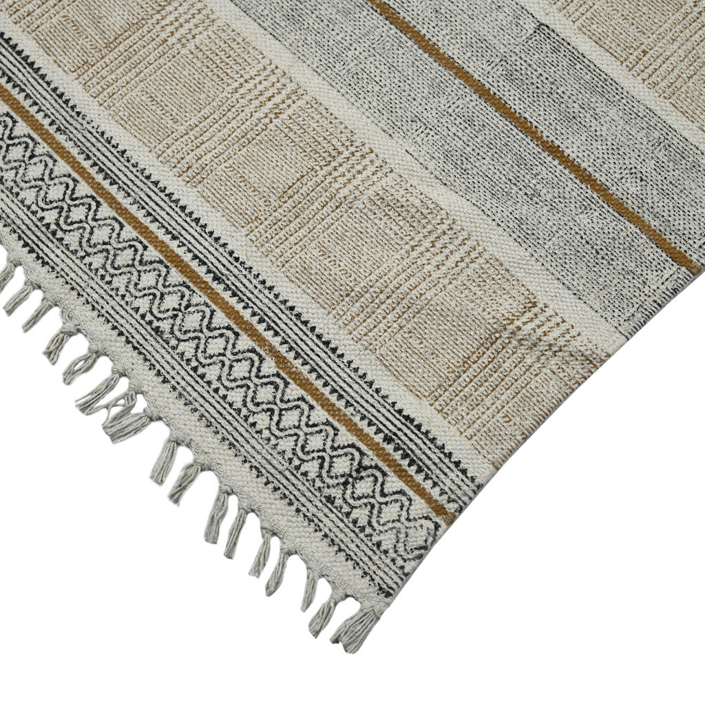 2 x 3 Blue and Brown Geometric Flatweave Handmade Distressed Area Rug with Fringe Image 5