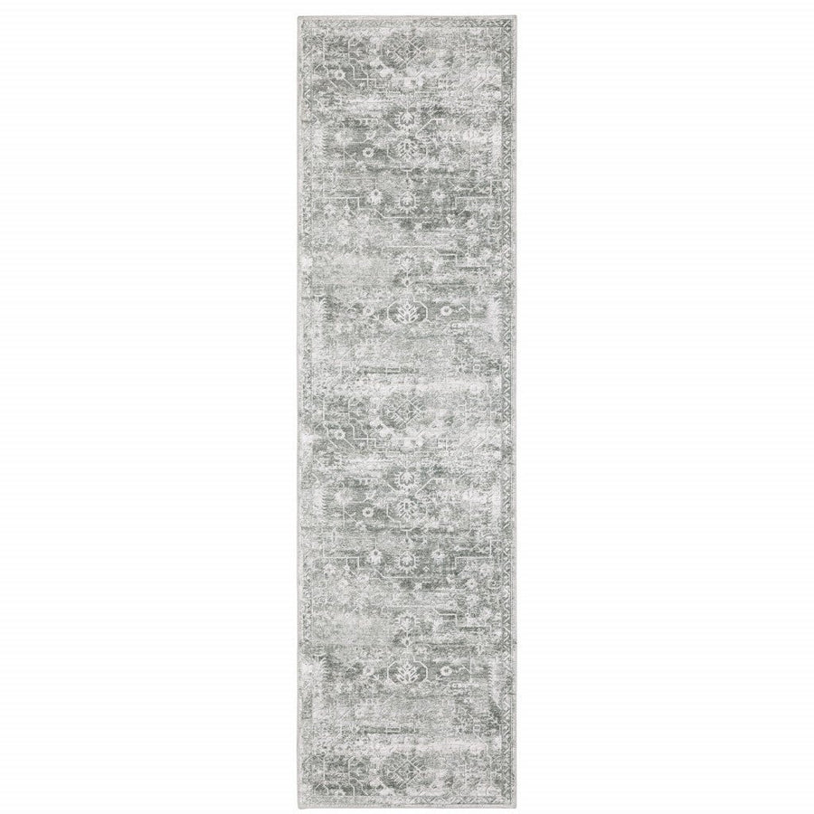 2 X 8 Gray And Ivory Oriental Printed Stain Resistant Non Skid Runner Rug Image 1