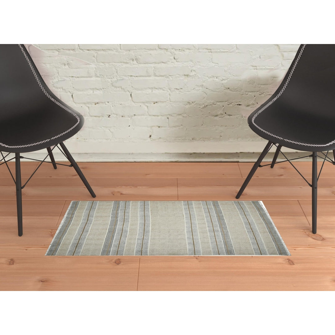 2 x 3 Blue and Brown Geometric Flatweave Handmade Distressed Area Rug with Fringe Image 9