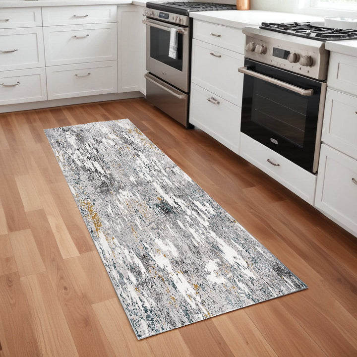 2 X 8 Grey And White Abstract Power Loom Stain Resistant Area Rug Image 8