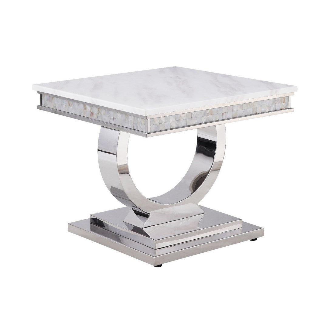 20" Silver And White Marble Look Stainless Steel Square End Table Image 1